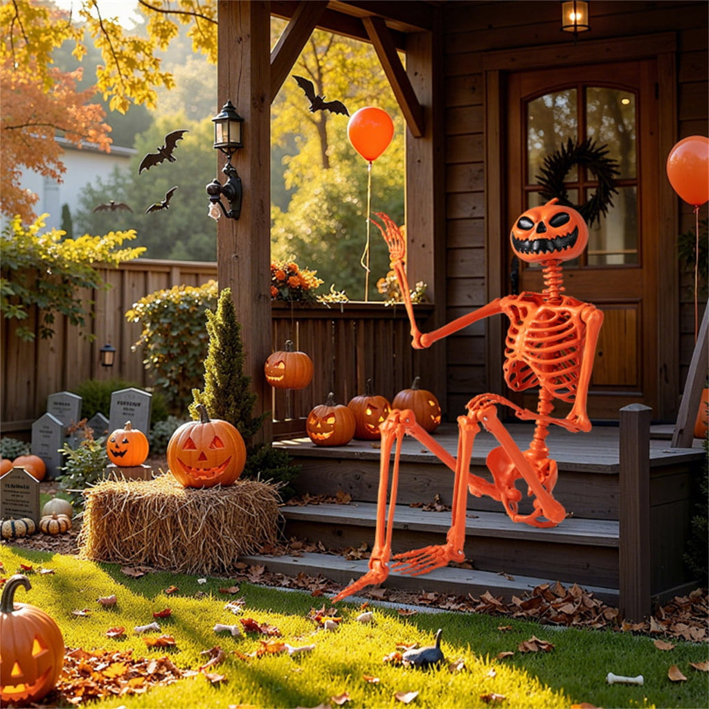 ECOBUY 5.5ft Life-Size Poseable Halloween Skeleton with Pumpkin Head, Orange Full-Body Realistic Decor, Movable Joints for Indoor & Outdoor Scary Display