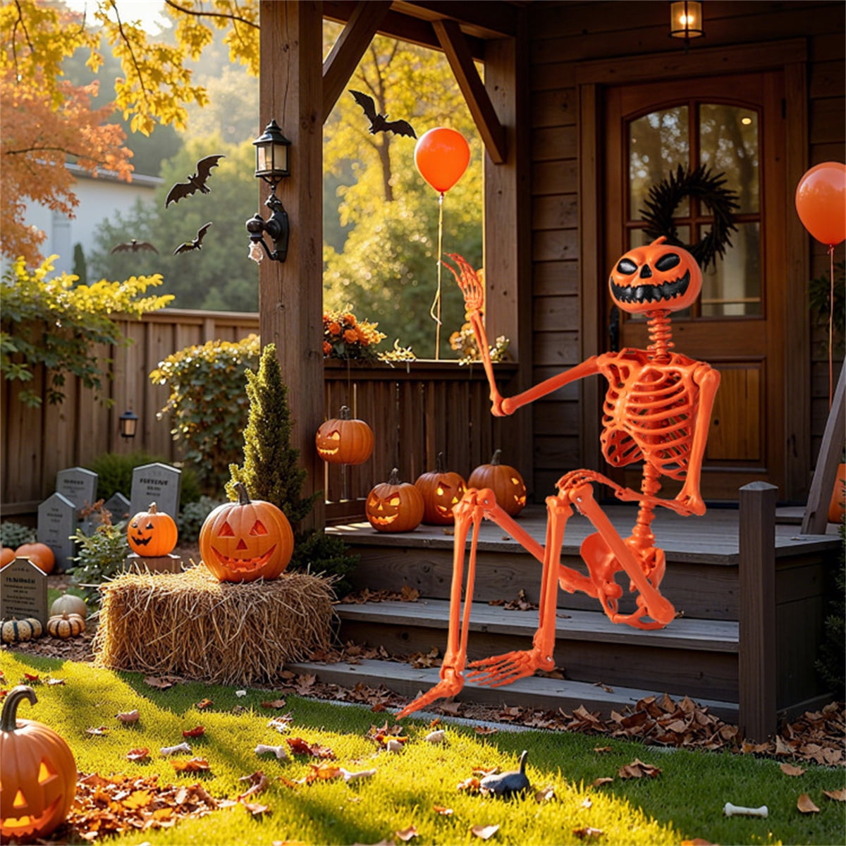 ECOBUY 5.5ft Life-Size Poseable Halloween Skeleton with Pumpkin Head, Orange Full-Body Realistic Decor, Movable Joints for Indoor & Outdoor Scary Display