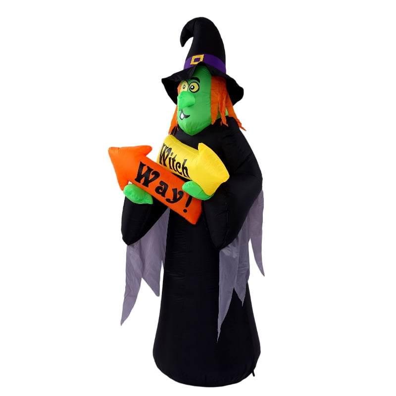 7.87 Ft Halloween Inflatable Witch Decoration with Witch Way Sign, Inflatable Yard Decor Blow Up with Build-in LEDs Lights for Haunted House Indoor Outdoor Decor,Giant Spooky Witch Decor