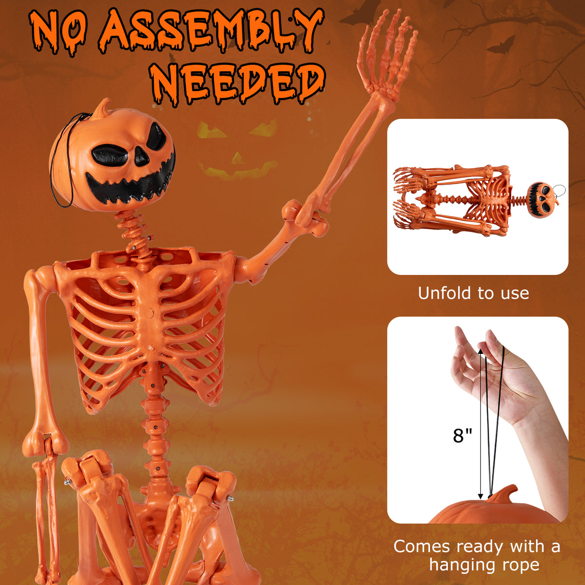 Gymax 5.2 Ft Halloween Skeleton Decoration w/ Pumpkin Head 7 Moving Joints Orange