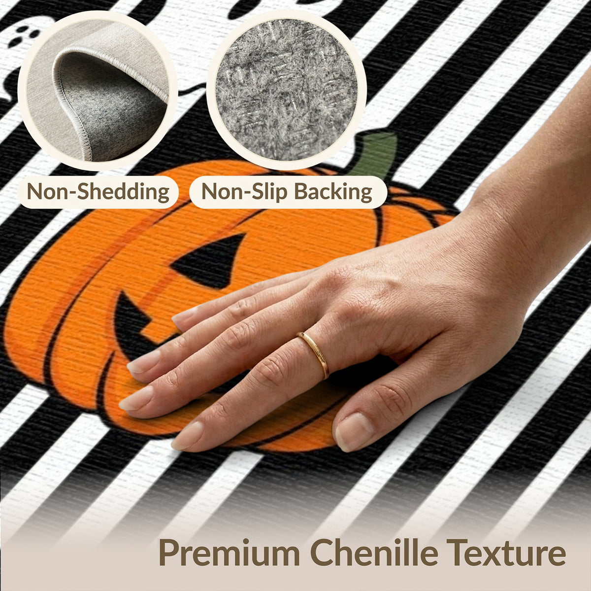 ODIKA Halloween Spooky Pumpkin Phantom Striped Entrance Door Doormat for Playroom, Bedroom, Reading Nook, Pet Friendly & Kids Safe Play