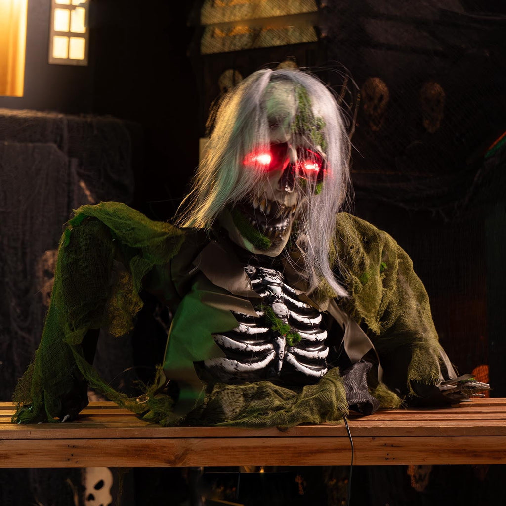 White-Haired Half-Body Skeleton Figurine with Motion-Activated Moving Head Glowing Eyes Battery-Operated Halloween Animatronic Prop for Haunted House Theme Park Party Decor