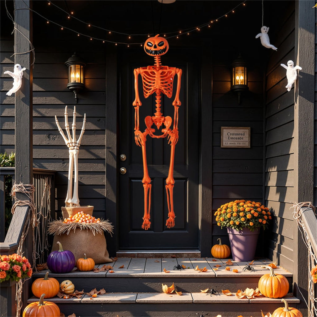 ECOBUY 5.5ft Life-Size Poseable Halloween Skeleton with Pumpkin Head, Orange Full-Body Realistic Decor, Movable Joints for Indoor & Outdoor Scary Display