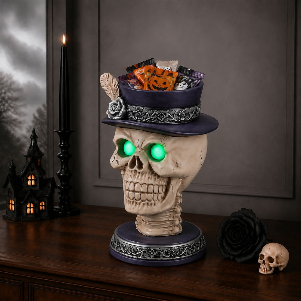 Halloween Skeleton Butler Floor Statue with Serving Tray & Black Cat, Resin Gothic Home Decor for Entryway Porch Living Room