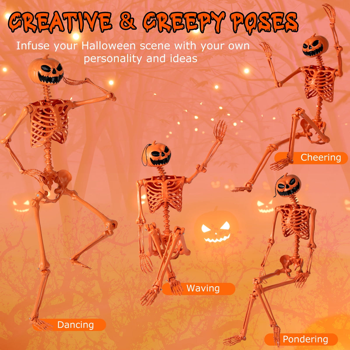 Gymax 5.2 Ft Halloween Skeleton Decoration w/ Pumpkin Head 7 Moving Joints Orange