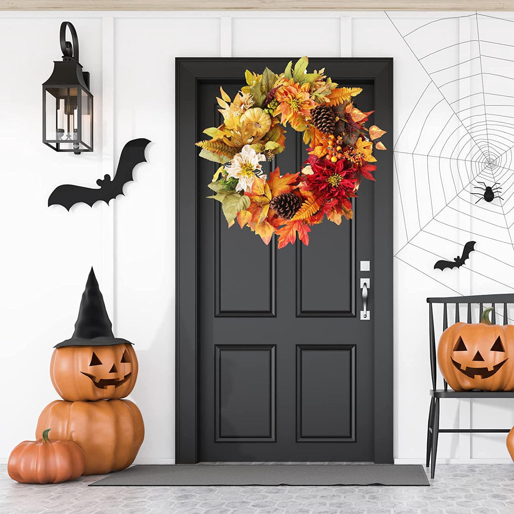 24 Inch Fall Wreaths for Front Door Outside, Fall Door Wreath with Pumpkins,Dahlia,Sunflowers, Maple Leaves,Autumn Wreaths Decorations for Harvest Thanksgiving Halloween Indoor Outdoor Home Decor