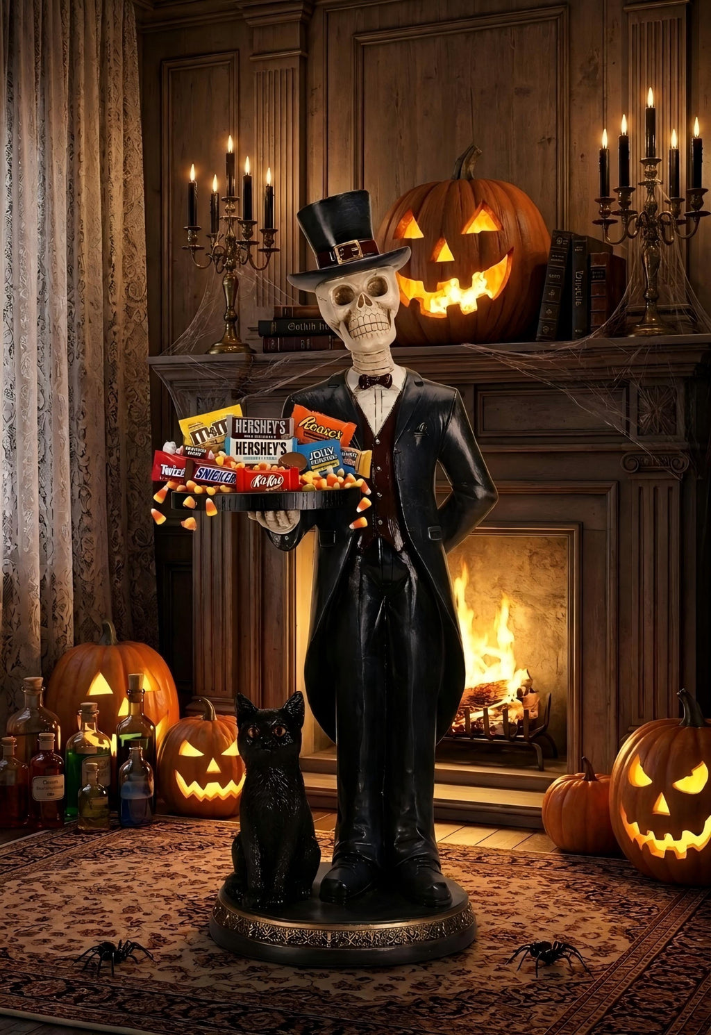 Aukfa Halloween Skeleton Butler Floor Statue with Serving Tray and Black Cat, Gothic Skeleton Decor for Entryway, Party and Home Decoration