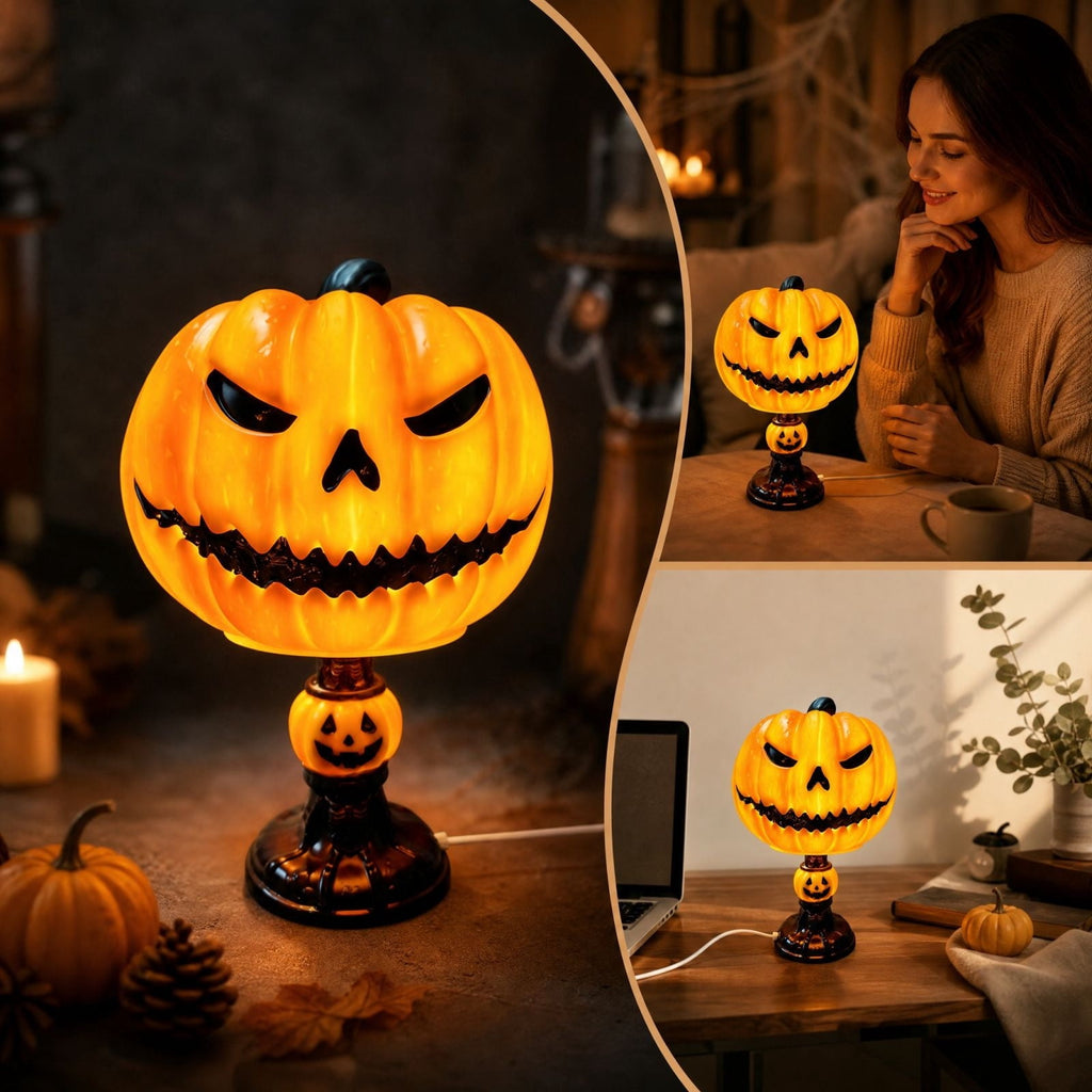 AZXY Halloween Stacked Lighted Pumpkin Figurine, Skeleton Cut‑Out Pumpkin Lamp, Spooky Holiday Floor Ornament, Halloween Yard Party Decoration for Porch Yard Living Room Use