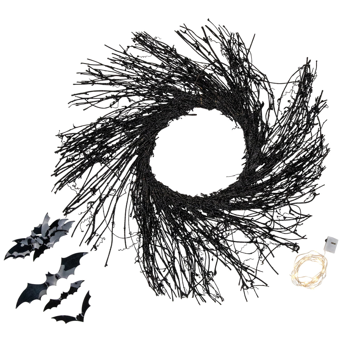 Northlight Lighted Halloween Twig Wreath with Bats - Warm White LED Lights - 22" - Black