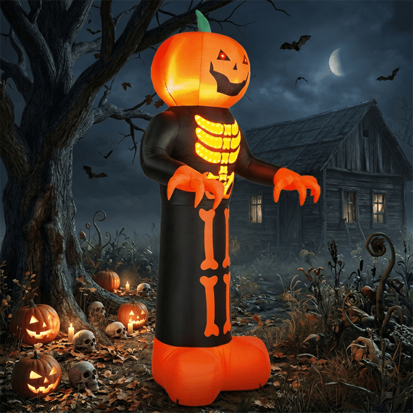 Alvantor 12 ft Pumpkin Head Skeleton Halloween Inflatable with LED and String Lights, Black and Orange