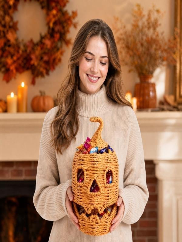 Lighted Halloween Table Centerpiece, Witch Hat Pumpkin Lamp, Black Woven Rattan Halloween Decor Indoor, Glowing Tabletop Decoration for Party Home