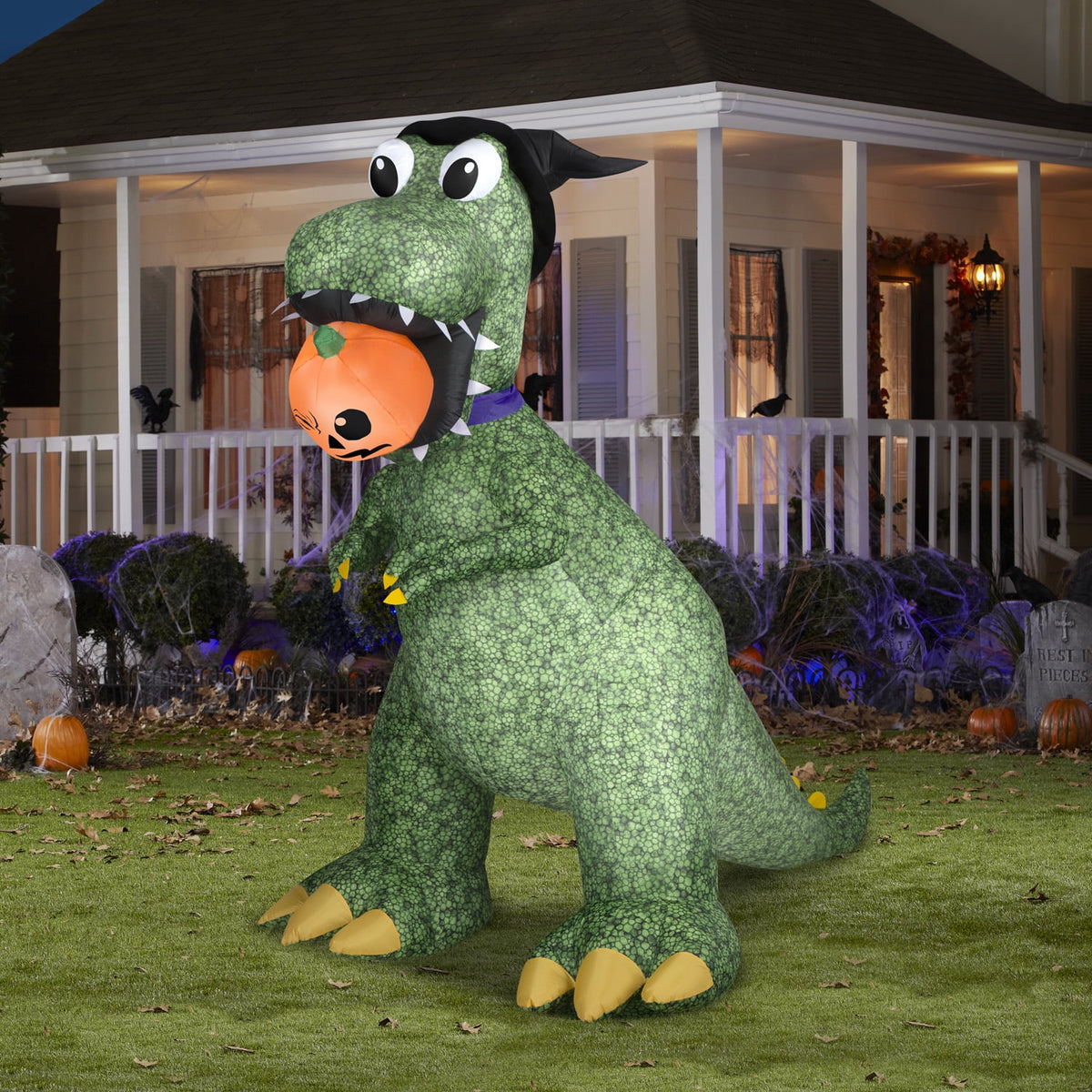 Gemmy Animated Halloween Inflatable T Rex with Jack O' Lantern, 7.5 ft Tall, Multi