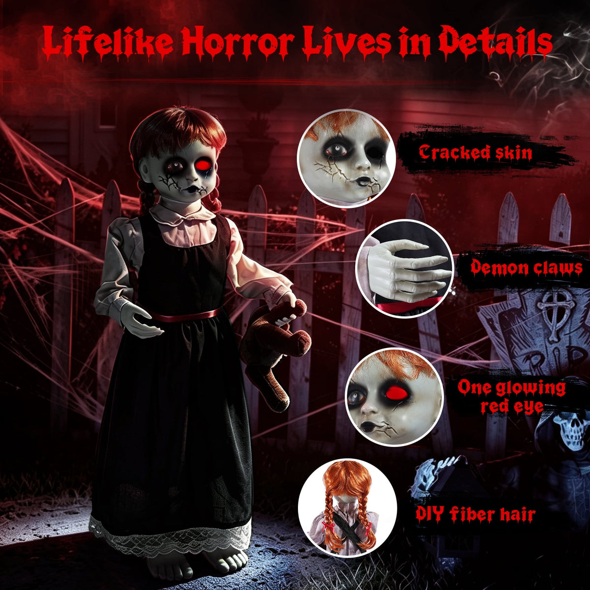 Halloween Decor Animatronic Prop Areker 35in Haunted Little Girl, Touch & Sound Activated Scary Ghost Doll with Red LED Glowing Eye, Outdoor Indoor Horror Decor with Stable Sand Weight Base