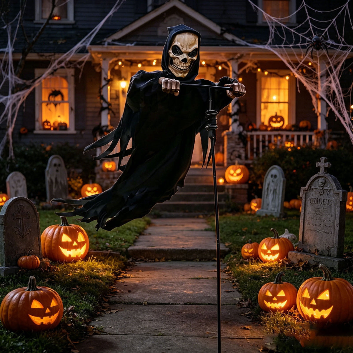 Halloween Ghost Robe Skeleton Mask Ground Stake Bird Repellent Outdoor Yard Lawn Decorative Ornament Set