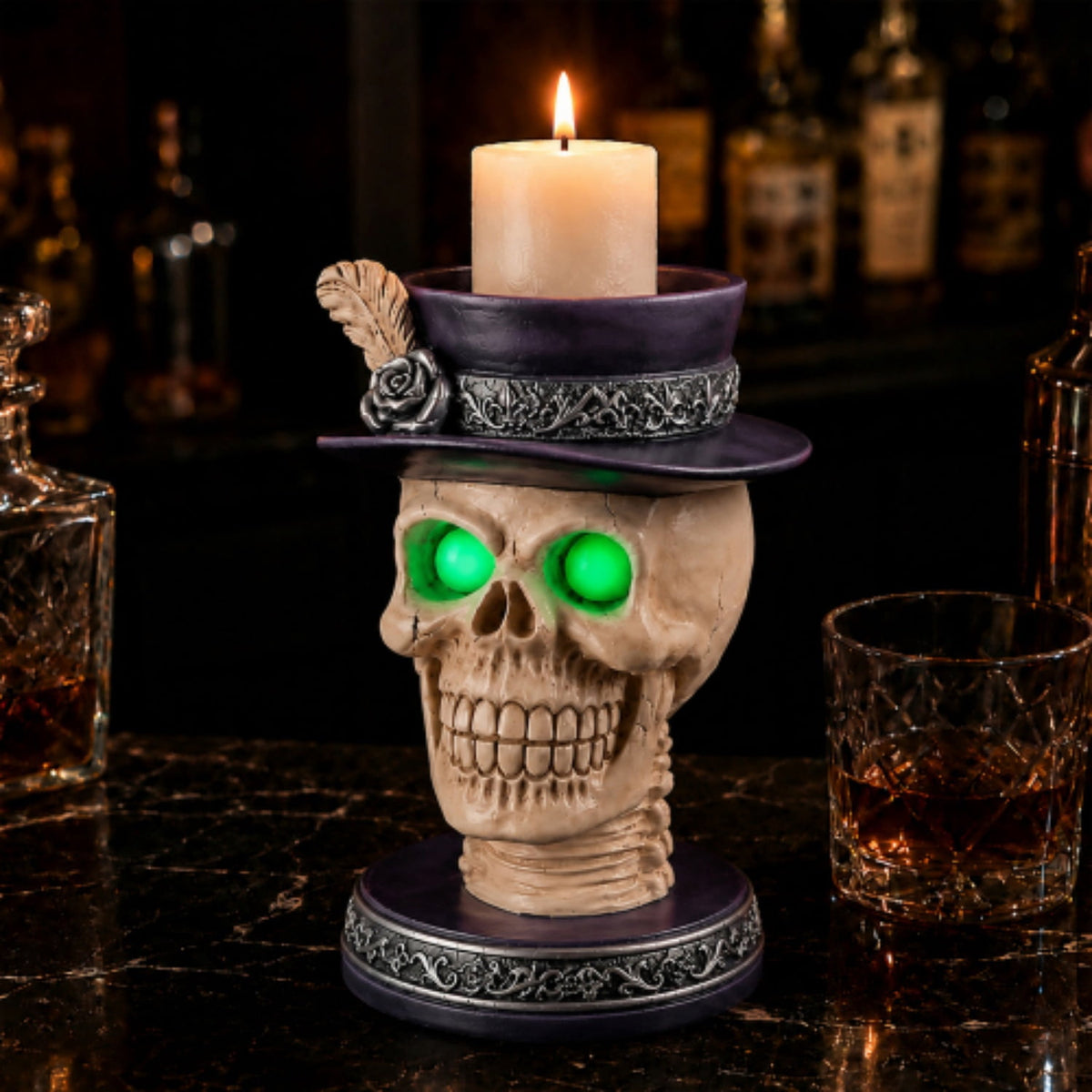 SpookHaven Halloween Jack‑O‑Lantern Pumpkin Mist Sprayer Figurine, LED Light‑Up Fogger with Witch Hat & Skull Decoration, Spooky Ornament for Tabletop Entryway Halloween Party Home Decor