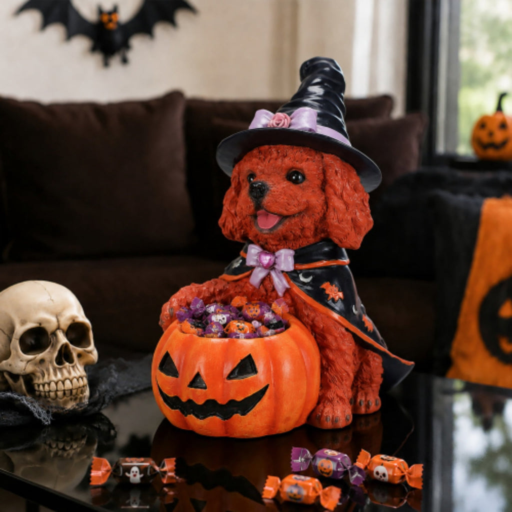 SpookHaven Halloween Jack‑O‑Lantern Pumpkin Mist Sprayer Figurine, LED Light‑Up Fogger with Witch Hat & Skull Decoration, Spooky Ornament for Tabletop Entryway Halloween Party Home Decor