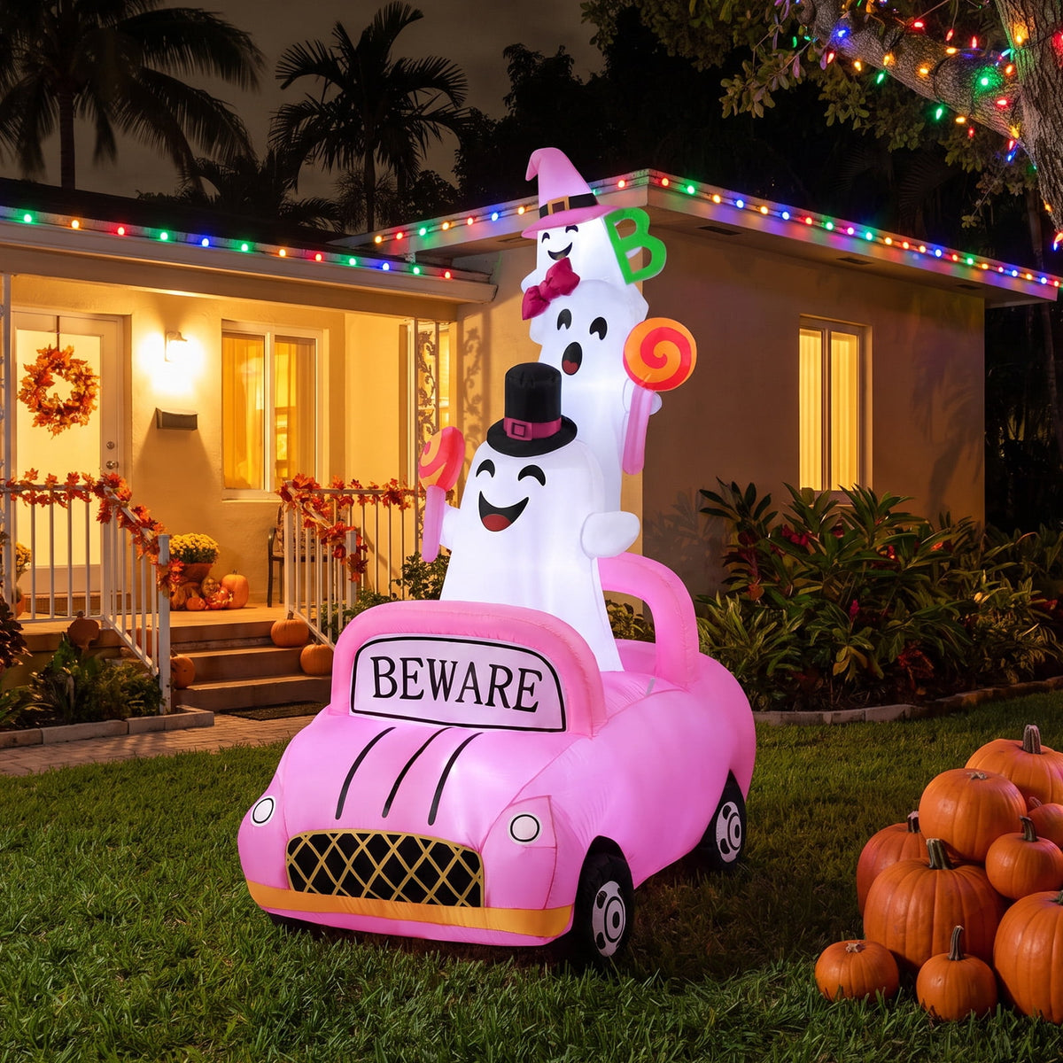 Ayieyill Halloween Inflatables, 8FT Ghost Driving Pink Car Halloween Decor Outdoor, Monster Truck Blow Up Yard Decorations