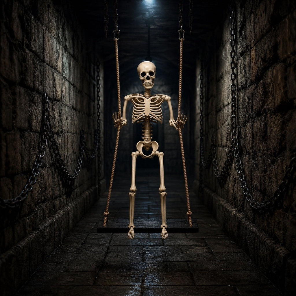 XHKUYI Halloween Swinging Skeleton Decoration 35.4 inch, Hanging Skeleton with Black Wood Base, Spooky Halloween Skeleton Decorations for Yard, Porch, Tree, Party