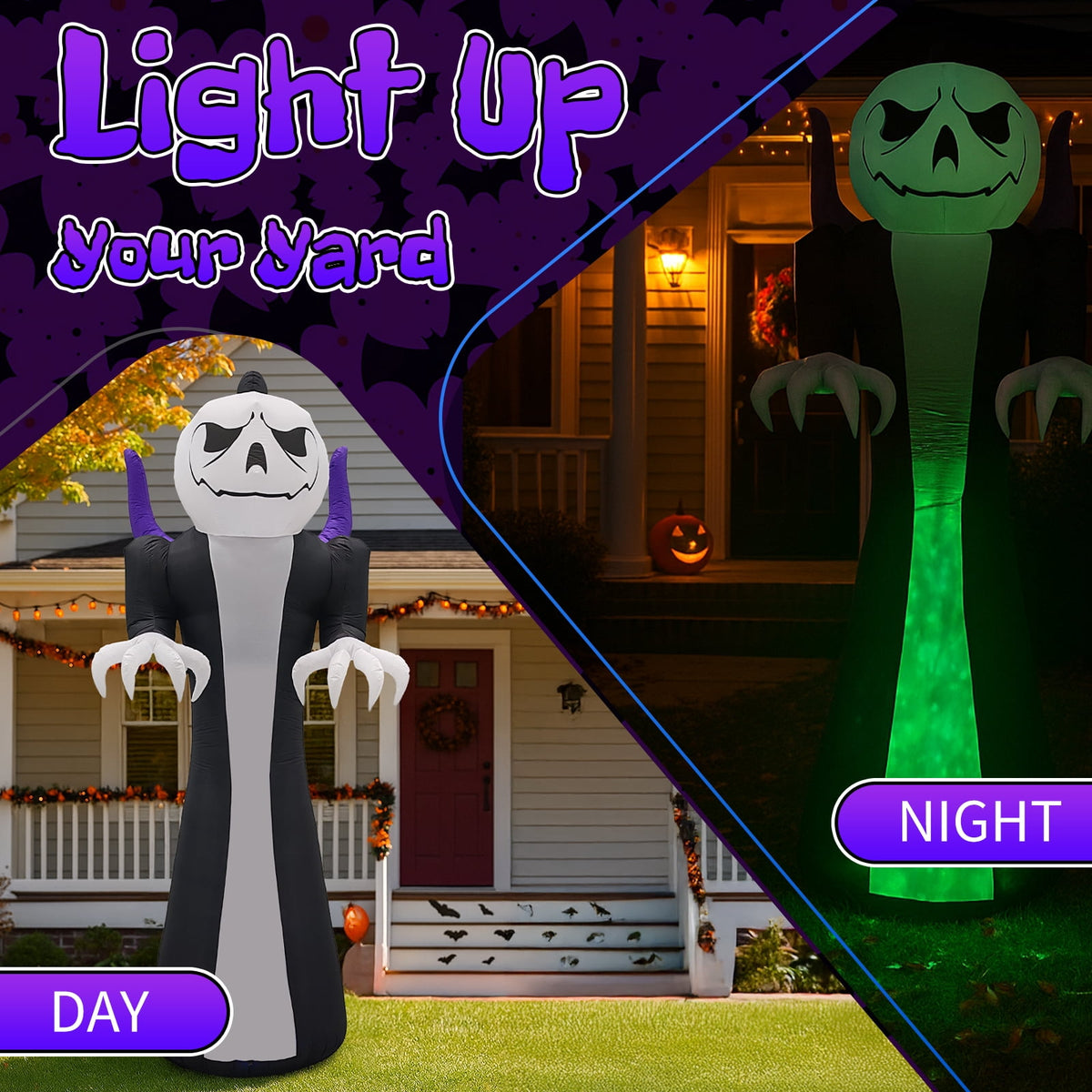 12ft Giant Halloween Inflatable Grim Reaper with Pumpkin Head and 3 Color LED Flame Decor