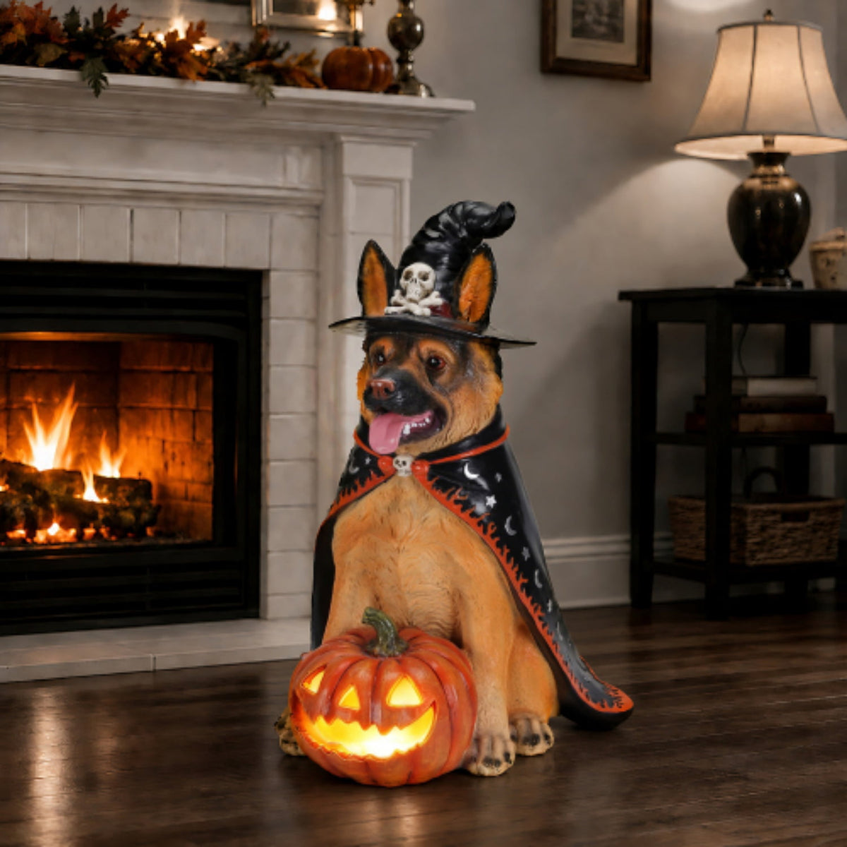SpookHaven Halloween Jack‑O‑Lantern Pumpkin Mist Sprayer Figurine, LED Light‑Up Fogger with Witch Hat & Skull Decoration, Spooky Ornament for Tabletop Entryway Halloween Party Home Decor
