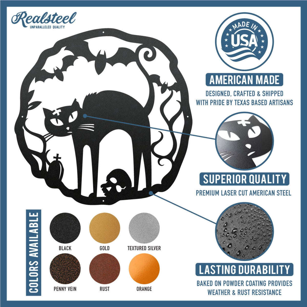 RealSteel: Halloween Cat Wreath – Black Cat Door Decor, Indoor/Outdoor, Multiple Sizes & Colors (18"/B)