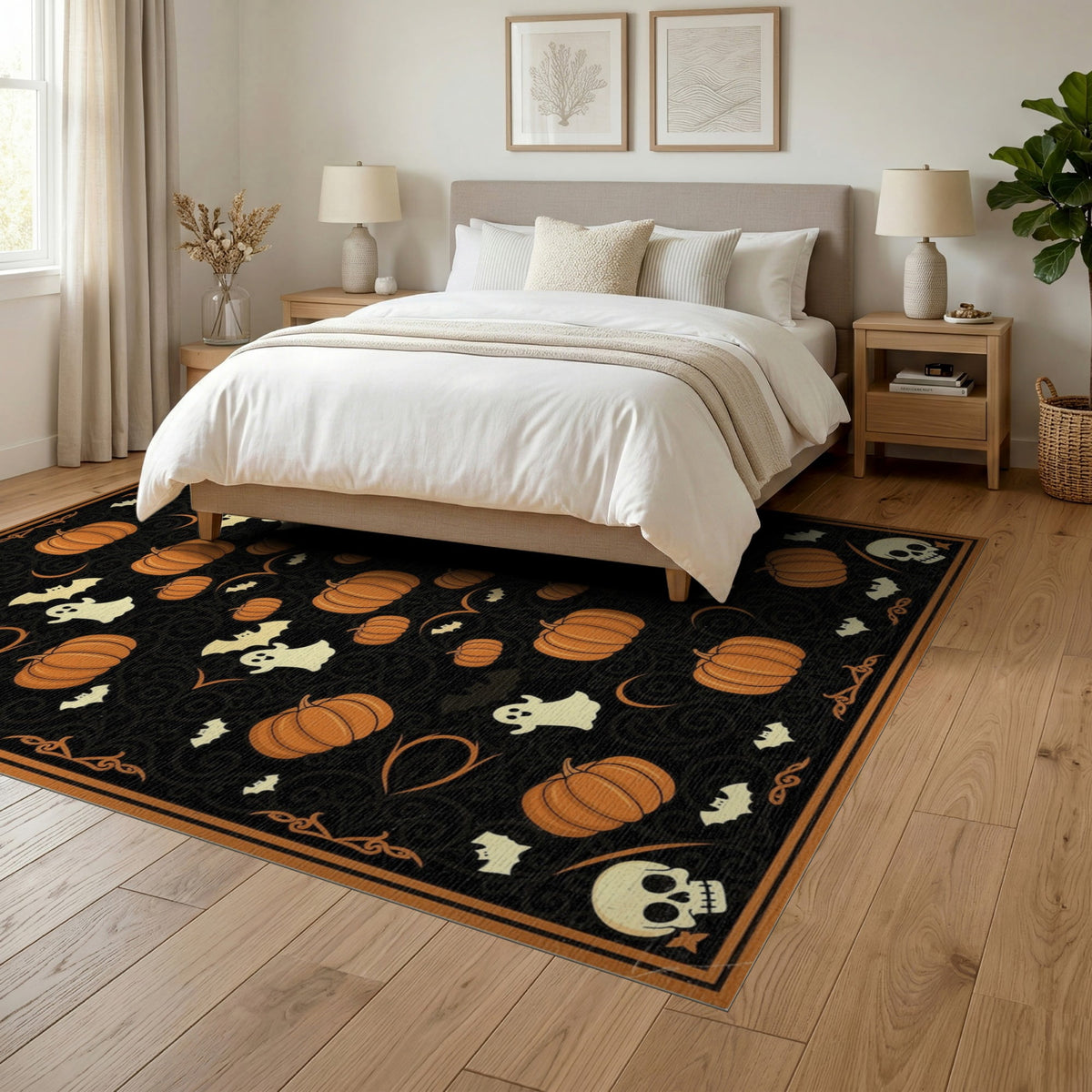 ODIKA 8'x10' Washable Area Rug Halloween Harvest Spirits Grinning Lantern Entrance Doormat Door for Living Room, Under Sectional, Family , Durable, Non-Slip