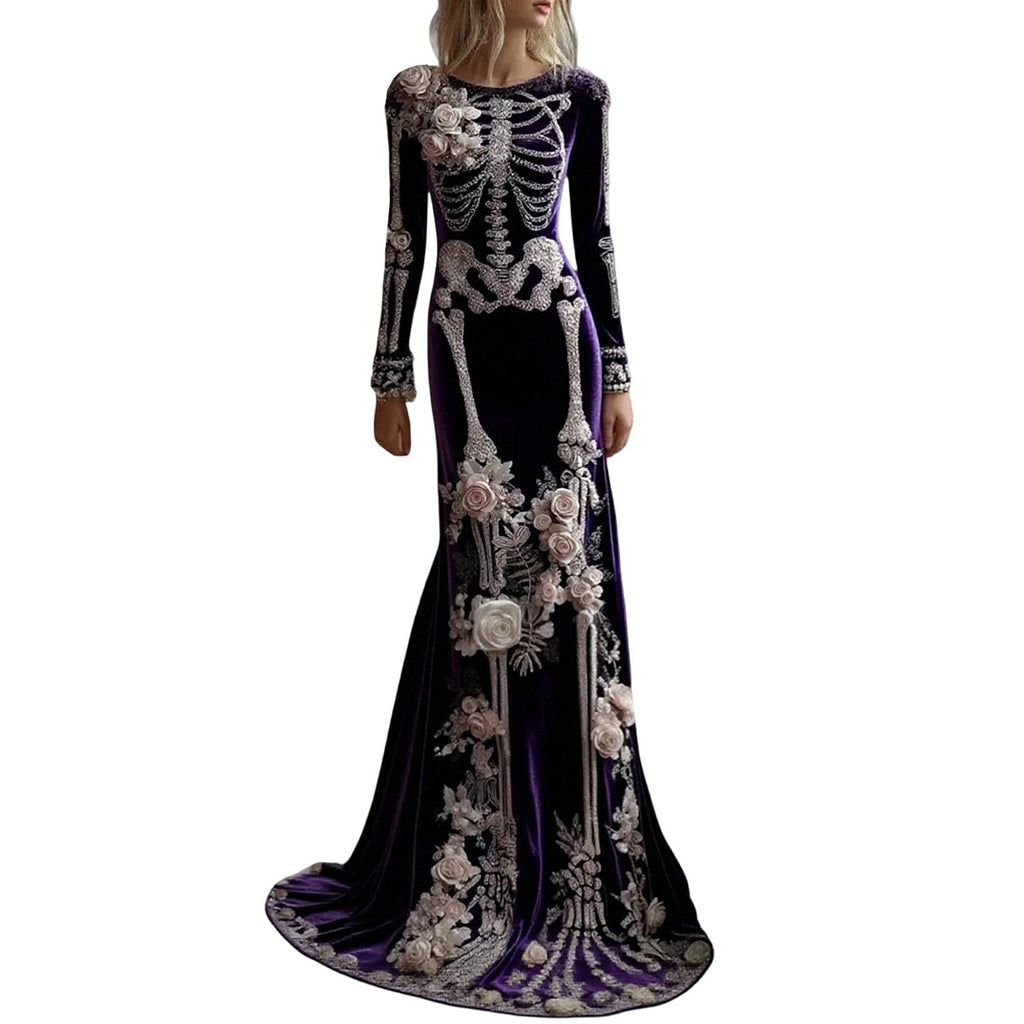 Women Halloween Skeleton Mermaid Dress, Velvet Long Sleeve Bodycon Gown with 3D Floral Appliques, Floor‑Trailing Gothic Costume for Party Cosplay L
