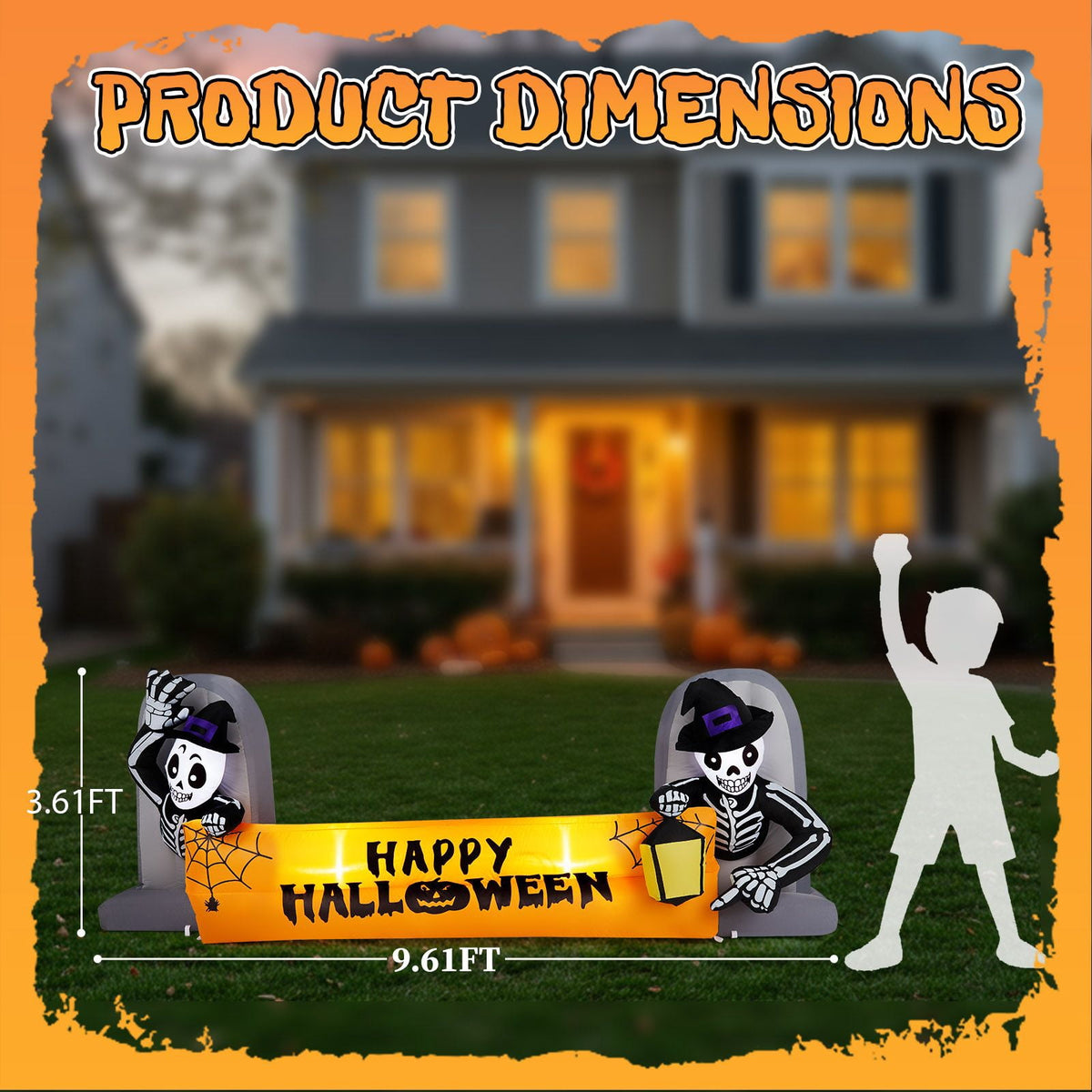 9.6FT Inflatable Skeleton Holding Happy Halloween Banner with LED Lights for Yard Garden Party