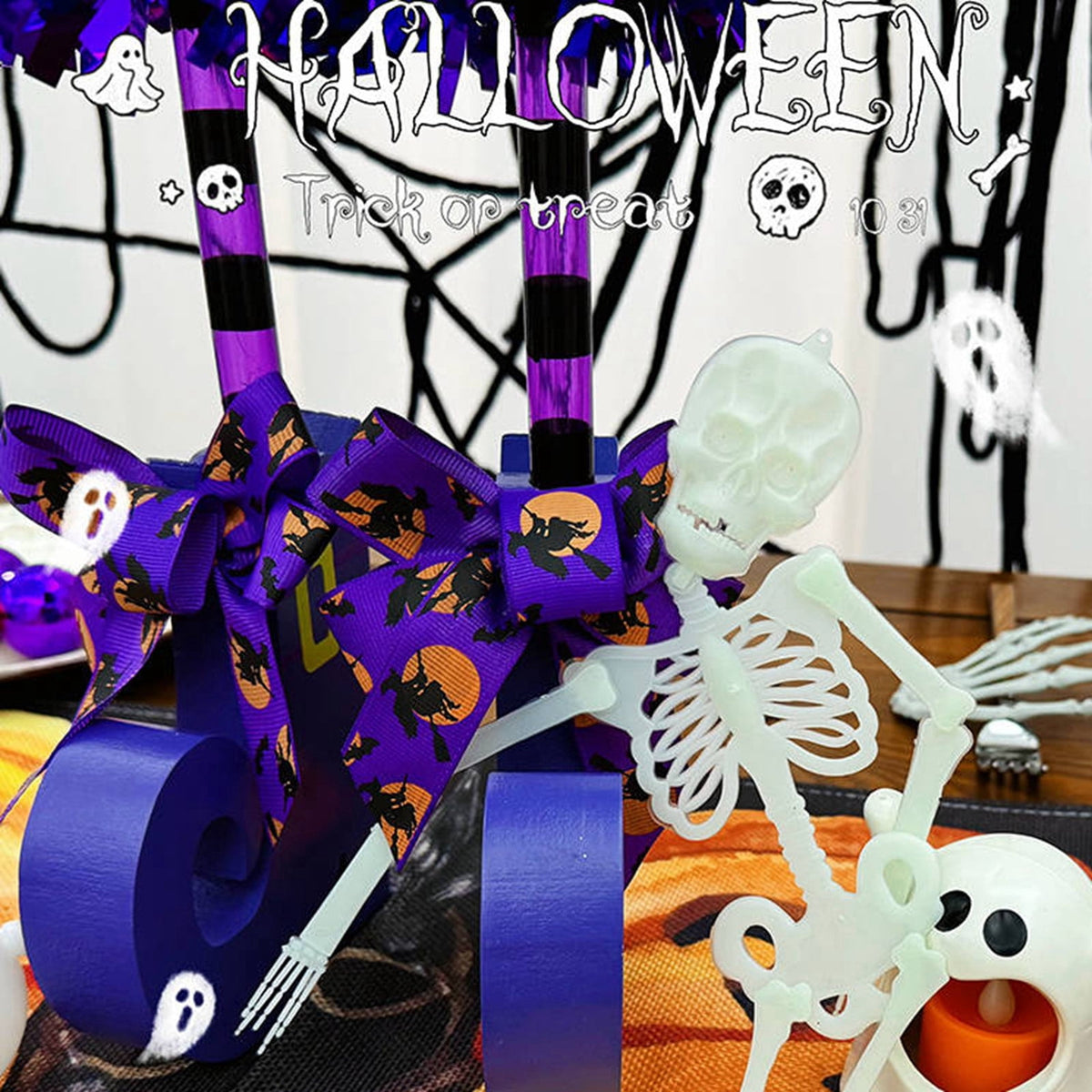 Yashow Classic Black Plastic Wood Witch Candy Bowl Adjustable Legs Luminous Skeleton Decorative Prop Set for Halloween Party Porch Decoration, 1-Pack, 23.62 inch
