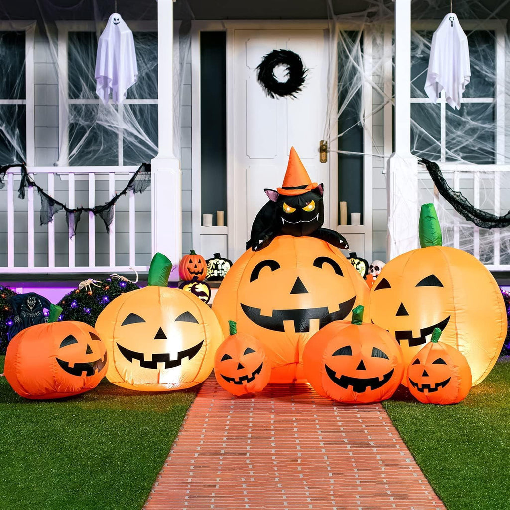 Inflatable Pumpkin with Witch's Cat and LED Lights for Outdoor Halloween Yard Decor