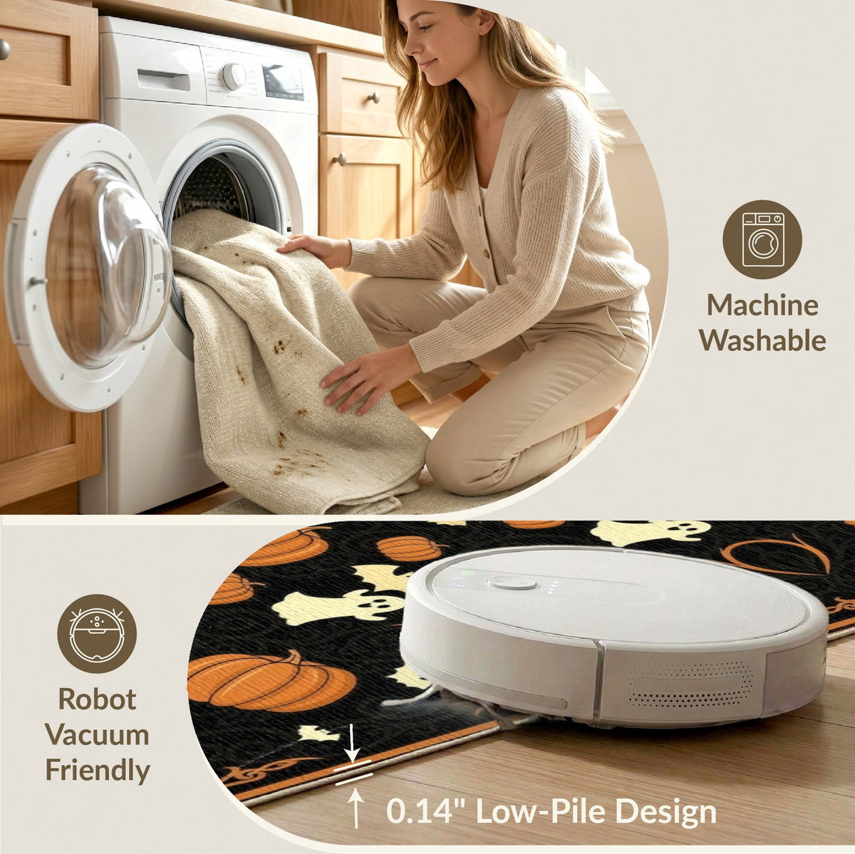 ODIKA 8'x10' Washable Area Rug Halloween Harvest Spirits Grinning Lantern Entrance Doormat Door for Living Room, Under Sectional, Family , Durable, Non-Slip