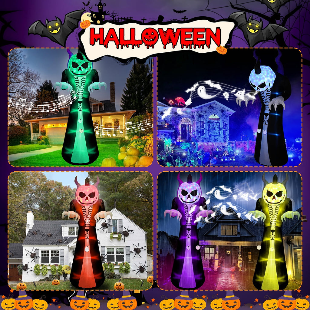 10FT Halloween Inflatable Outdoor Decoration 7 Color RGB Light, Scream Sound Grim Reaper Ghost Halloween Inflatables with Pumpkin Head, Blow Up Yard Decorations for Holiday Party Garden