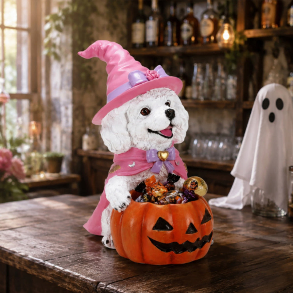 SpookHaven Halloween Jack‑O‑Lantern Pumpkin Mist Sprayer Figurine, LED Light‑Up Fogger with Witch Hat & Skull Decoration, Spooky Ornament for Tabletop Entryway Halloween Party Home Decor