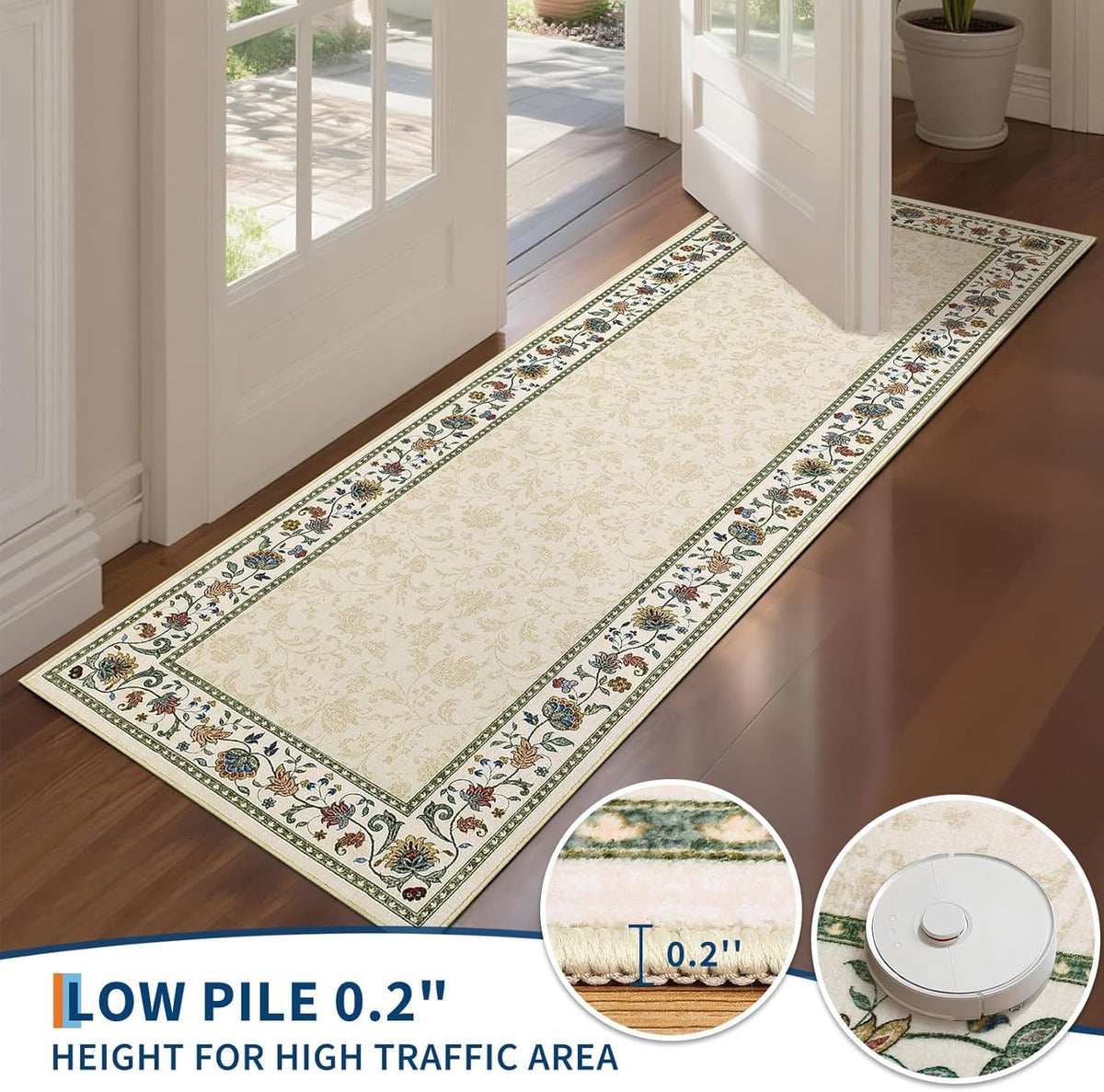 Large Living Room Rug 10x13 Non-Slip Floral Indoor Carpet Washable Floral Bordered Floor Mat Low Pile Non-Shedding Foldable Neutral Bedroom Rugs for Dining Room Nursery Home Office Red