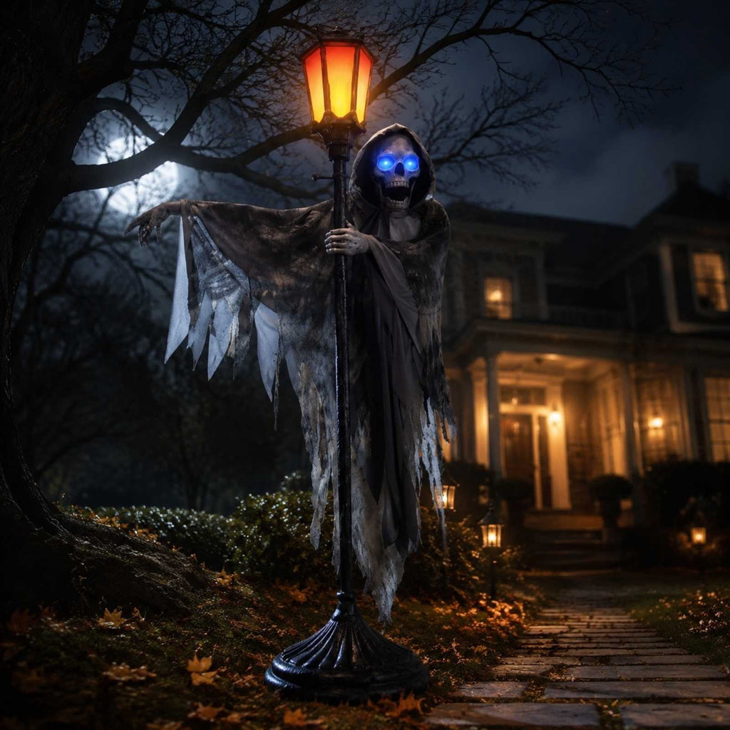 ShengapQ Halloween Ghost Street Lamp Light Up Skeleton Prop, Glowing Eyes Decoration, Outdoor Porch Display, Spooky Yard Decor, Creepy Halloween Centerpiece