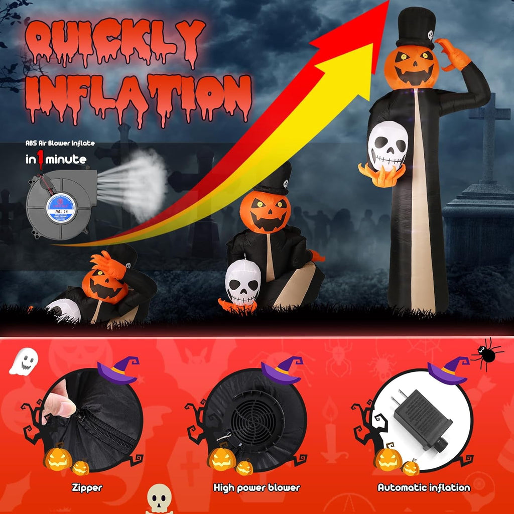 Novtech 10 FT Grim Reaper Halloween Inflatables, Pumpkin Head, Motion Activated Scream, 8 RGB Light Modes, Blow Up Outdoor Yard Decorations for Trick or Treat, Lawn Garden Party & Scary Haunted House