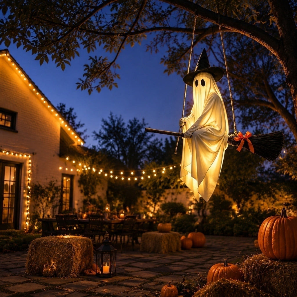 Halloween Decorations Outdoor, 4.5 FT Large Hanging Swing Ghost Halloween Decor with String Lights, Spooky Cute Ghosts Halloween Party Decorations for Front Porch Yard Tree