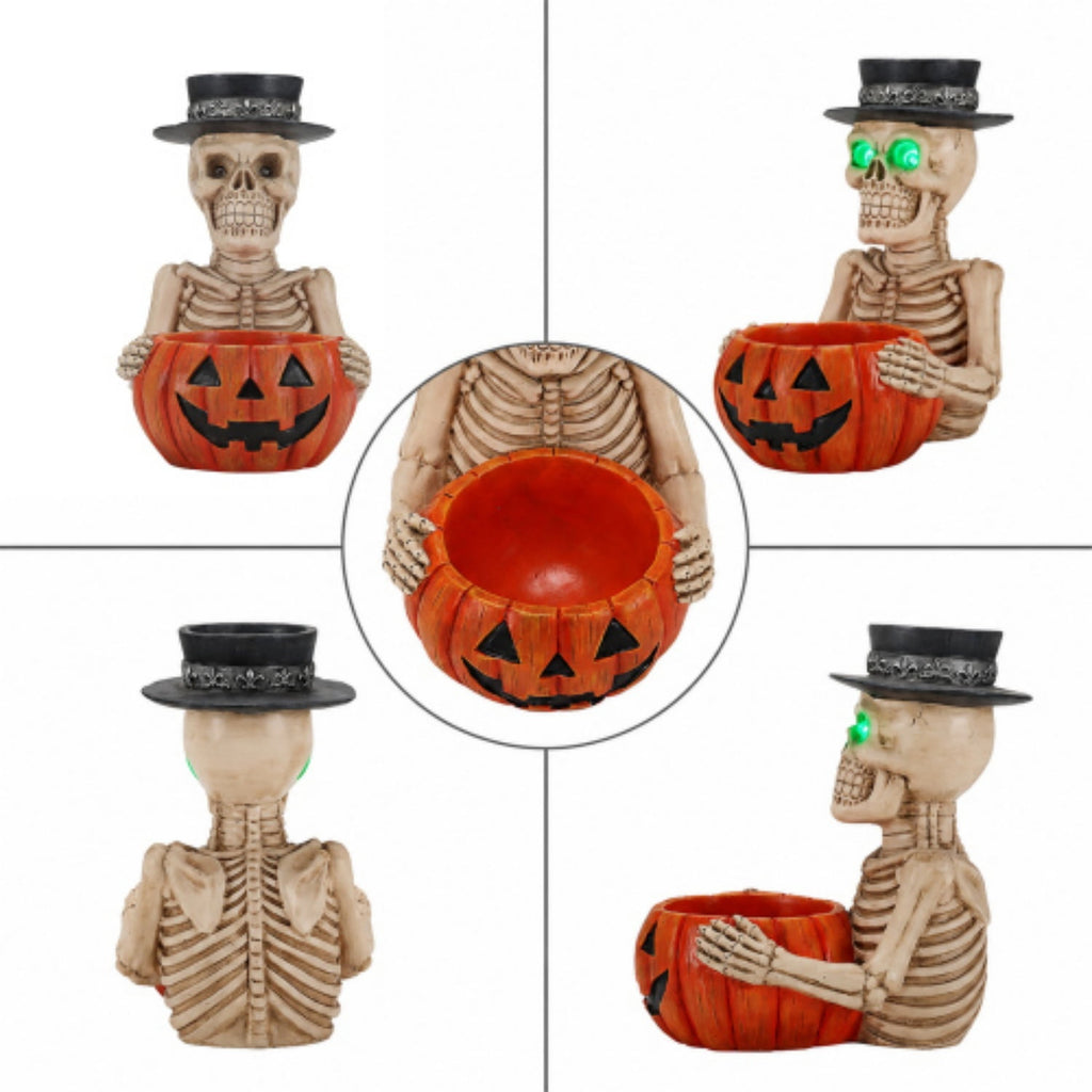 SpookHaven Halloween Jack‑O‑Lantern Pumpkin Mist Sprayer Figurine, LED Light‑Up Fogger with Witch Hat & Skull Decoration, Spooky Ornament for Tabletop Entryway Halloween Party Home Decor