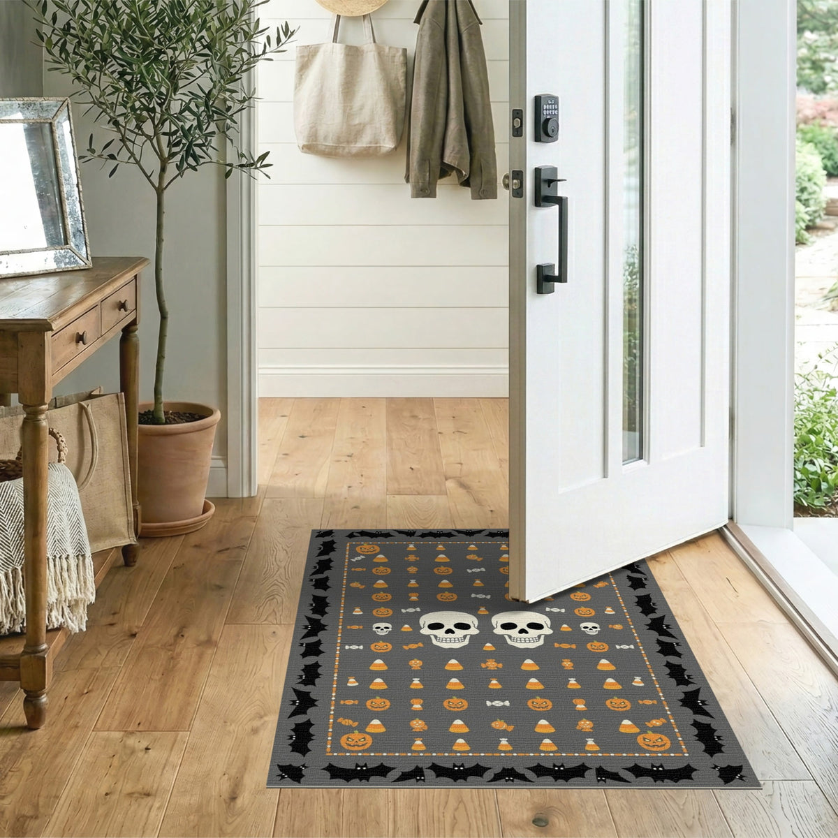ODIKA 8'x10' Washable Area Rug Halloween Harvest Spirits Grinning Lantern Entrance Doormat Door for Living Room, Under Sectional, Family , Durable, Non-Slip