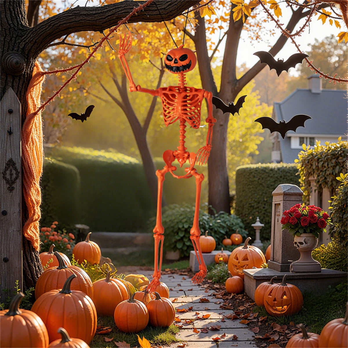 ECOBUY 5.5ft Life-Size Poseable Halloween Skeleton with Pumpkin Head, Orange Full-Body Realistic Decor, Movable Joints for Indoor & Outdoor Scary Display