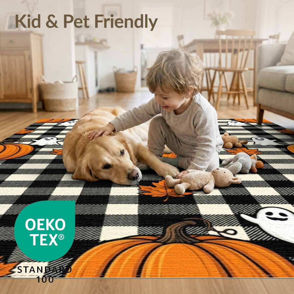 ODIKA Halloween Spooky Pumpkin Phantom Striped Entrance Door Doormat for Playroom, Bedroom, Reading Nook, Pet Friendly & Kids Safe Play