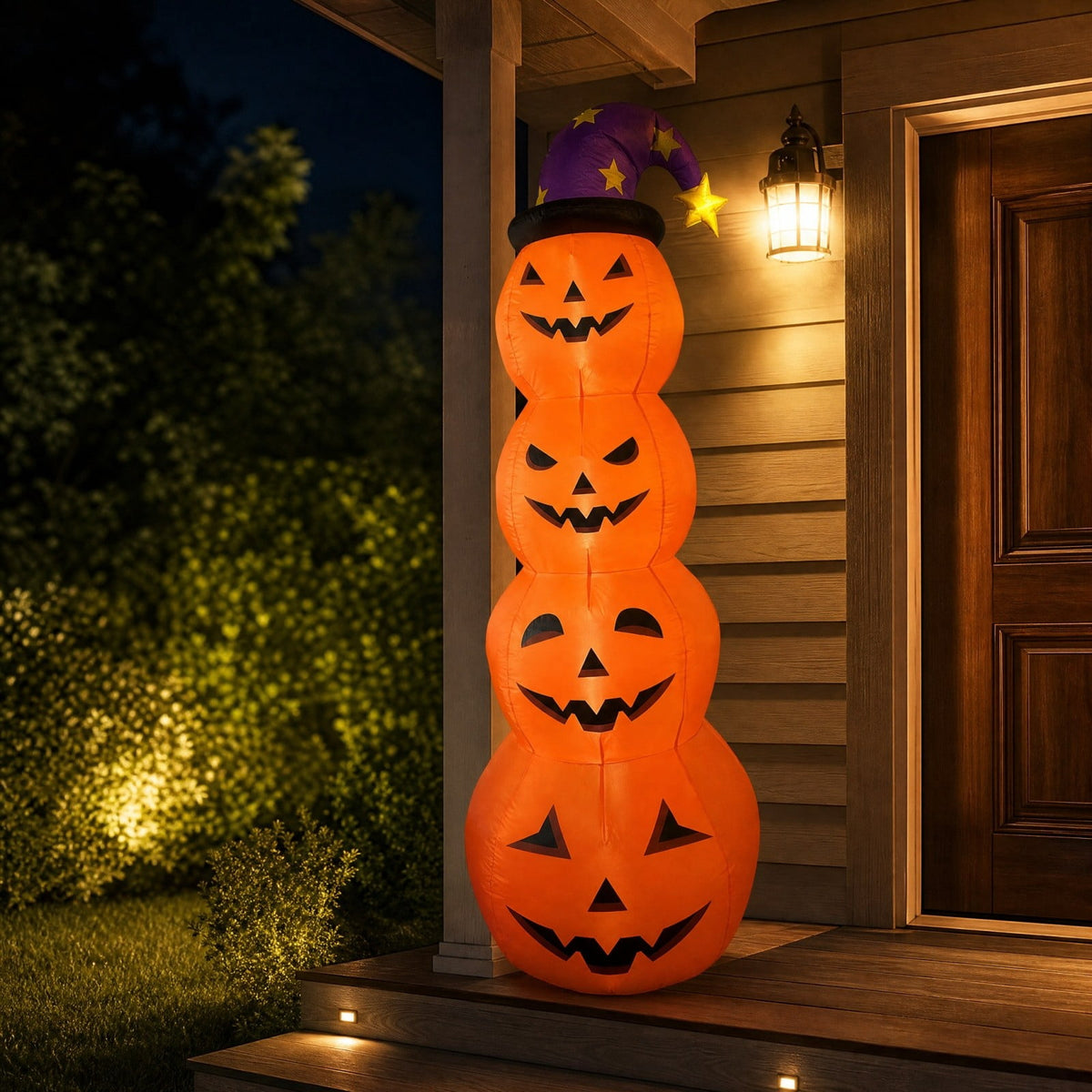 8FT Inflatable Stacked 4 Pumpkins Tower with Wizard Hat, LED Light Up Blow Up Pumpkin Yard Decoration, Waterproof Outdoor Halloween Lawn Ornament for Front Yard Garden Party