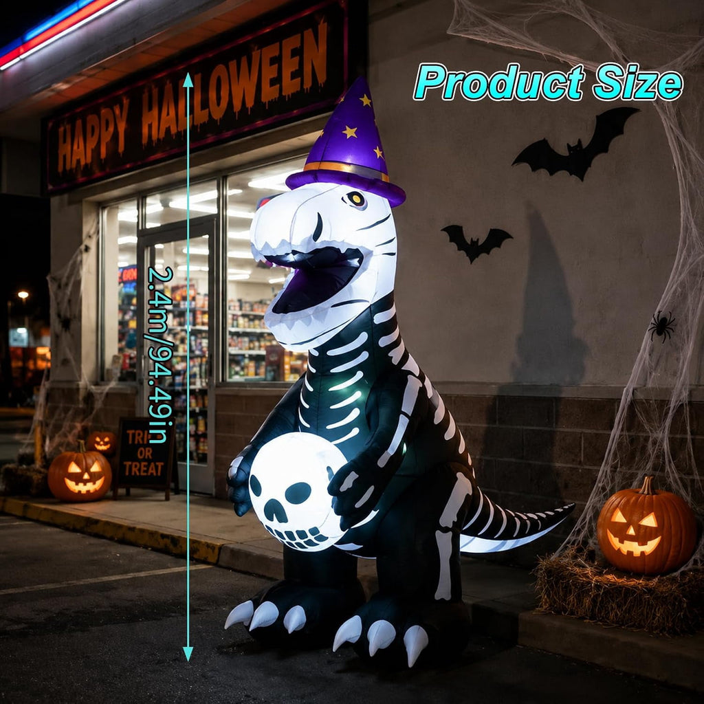 7.9 FT Halloween Inflatable Skeleton Dinosaur Outdoor Decoration, Giant Black and White Dino Yard Decor with LED Light for Lawn, Porch, Party, Haunted House Display