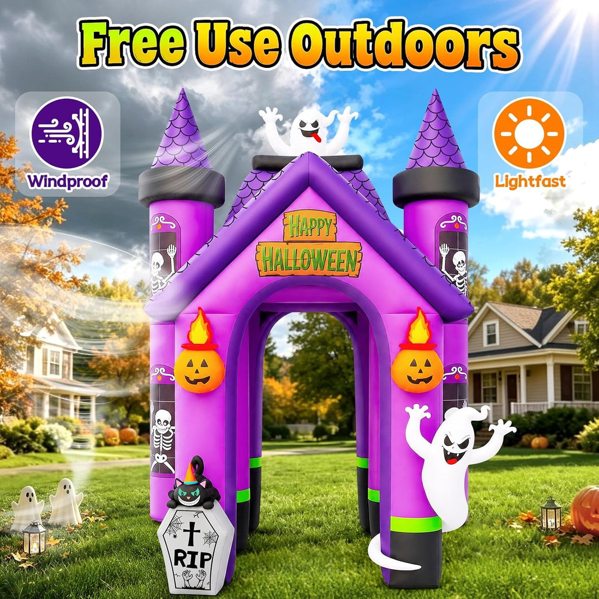 Kalolary 12FT Witch Haunted House Halloween Inflatable Archway, Purple Tunnel Bounce House Halloween Blow up Outdoor Decorations for Yard Festival Party