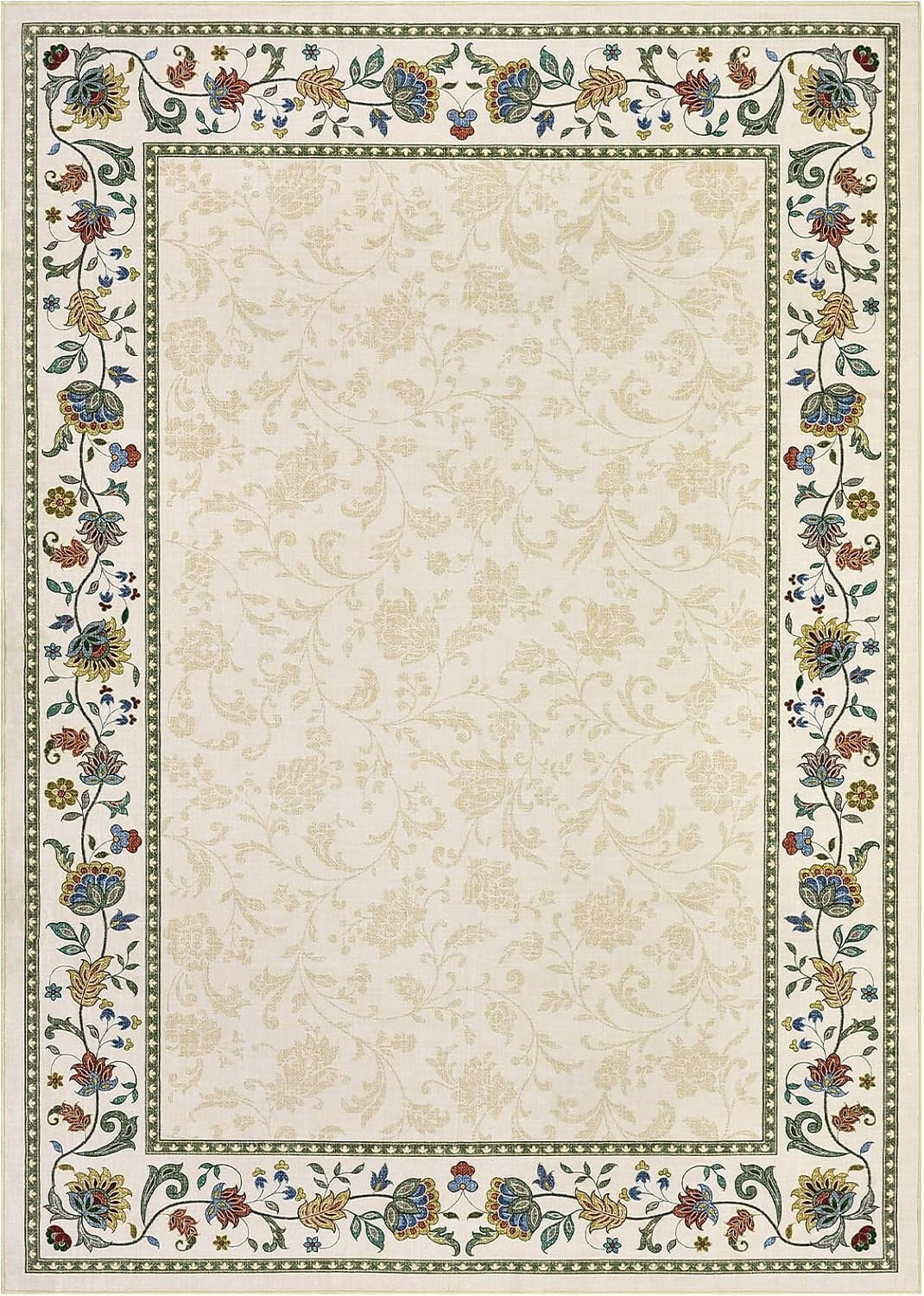 Large Living Room Rug 10x13 Non-Slip Floral Indoor Carpet Washable Floral Bordered Floor Mat Low Pile Non-Shedding Foldable Neutral Bedroom Rugs for Dining Room Nursery Home Office Red