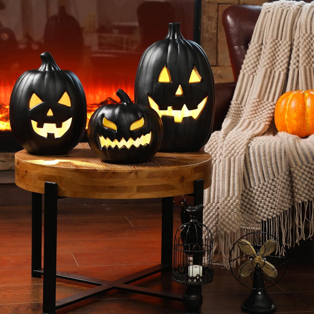 3 PCS Black Jack o Lantern Decoration, Halloween Plastic Vintage Pumpkin Decor with Light for Indoor & Outdoor - Holiday Party Fireplace Mantle Porch, Battery Not Include