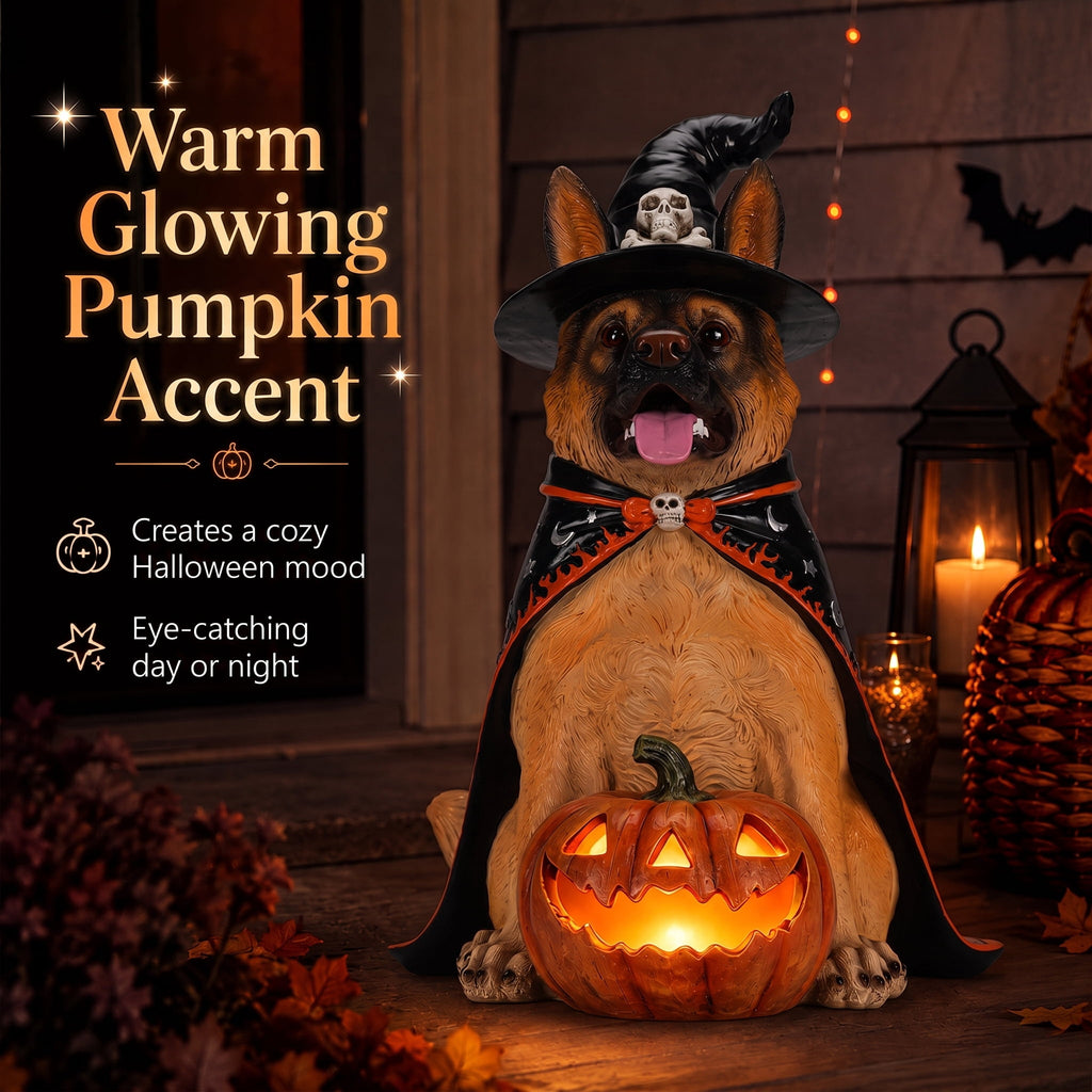 A7Store Halloween Golden Retrieve Dog Indoor Outdoor Porch Statue with Lighted Pumpkin, Pink Witch Hat and Cape