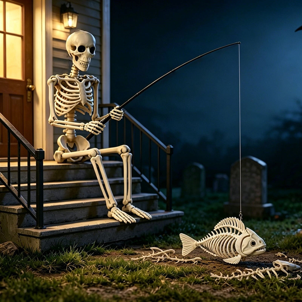 Fishing Skeleton Statue, 35'' Skeleton with 10'' Fish Skeleton, Resin Skull Fisher Sculpture for Aquarium and Garden Pond Edge Ornament Fish Tank Halloween Decorations