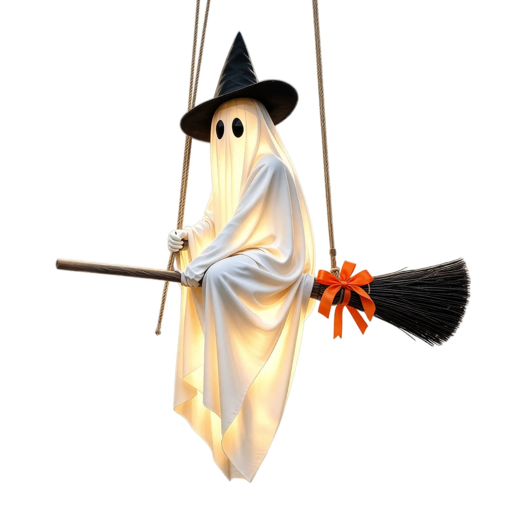 DIY Hanging Swing Ghost Halloween Decor, Flying Ghost on Broomstick with Witch Hat, Spooky Cute Outdoor Halloween Decorations for Front Porch Yard Tree, 3.61x4.33FT