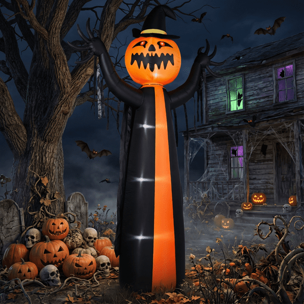 Alvantor 9.8 ft Pumpkin Ghost Halloween Inflatable with Rotatable Head, 6 LED Lights and Built-in Blower, Black and Orange